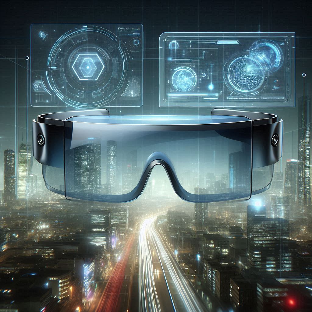 A pair of sleek, futuristic smart glasses with a transparent augmented reality display, holographic interface elements floating in front, and a minimalistic, high-tech design. Set against a modern cityscape with neon lights and digital overlays.